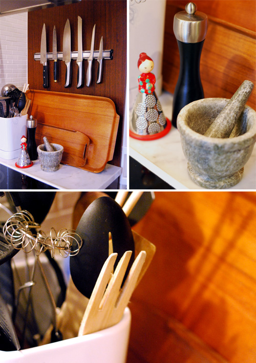Kitchen utensils on display.